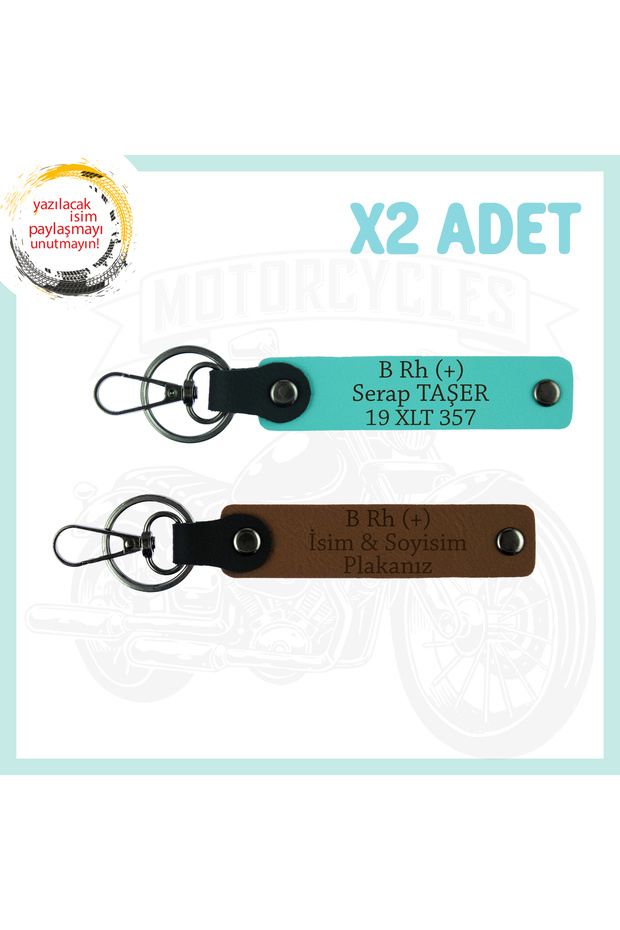 Motorcuya, Personalized Set of 2 Keychains with Name Plate and B(+) Blood Type Written, Light Brown-Turquoise