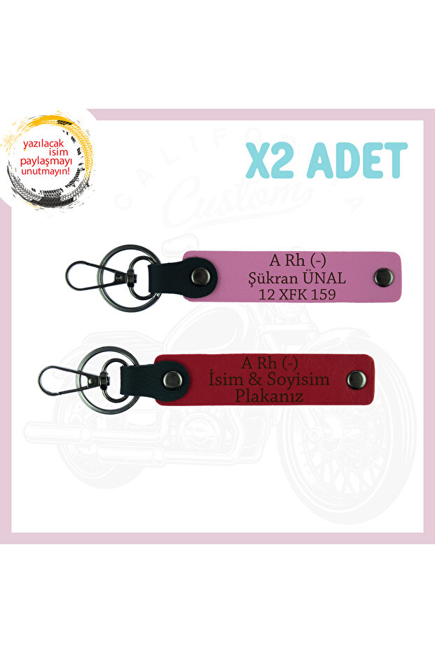 Red-Pink, Motorcycle Owners, 2-Piece Keychain with Name Plate and a Rh (-) Blood Group