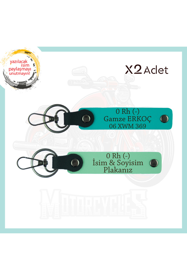 Green-Dark Turquoise, Custom to Style, Name Plate, 0 Rh (-) Blood Group Written Motorcyclist 2-Piece Keychains