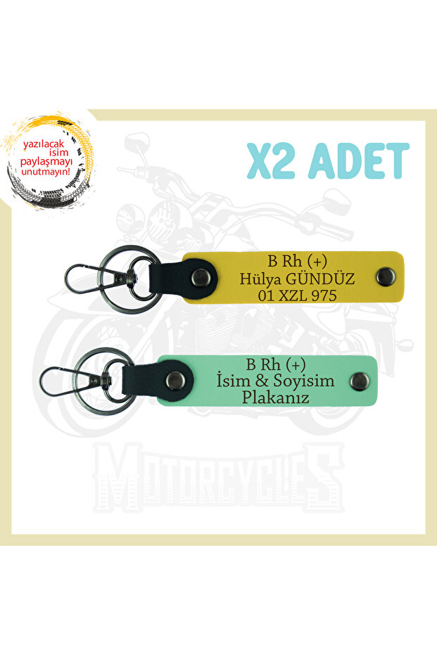 Green-Yellow, Special for Motorcycle Lovers, Emergency 2-Piece Keychains with Name Plate and B Rh (+) Lettering