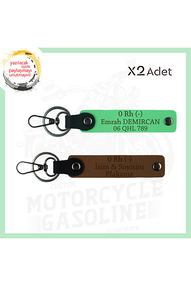 A Coffee-Pistachio Green, Biker, Name Plate and 0 (-) Blood Type Written Custom Design 2-Piece Keychain Set