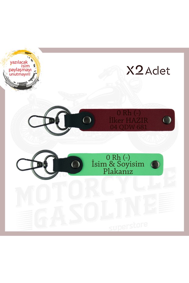 Pistachio Green-Maroon, for Bikers, Safe Driving Keychain with Name Plate and 0 - Blood Type Lettering