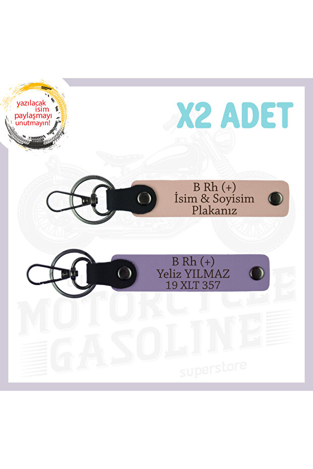 Special Name Plate for Motorcycle Enthusiasts and B Rh (+) Blood Group Written, Set of 2 Keychains, Yavruağzı-Purple