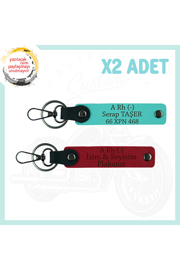 Set of 2 Keychains with Speed Lovers, Name Plate and a Rh (-) Blood Group Written, Red-Turquoise
