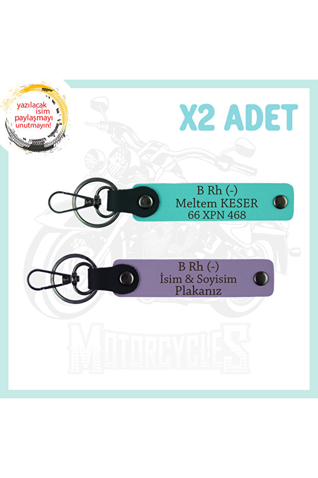 Name Plate and B Rh (-) Blood Group, Set of 2 Keychains, Purple Violet-Turquoise, for Motorcycle Lovers