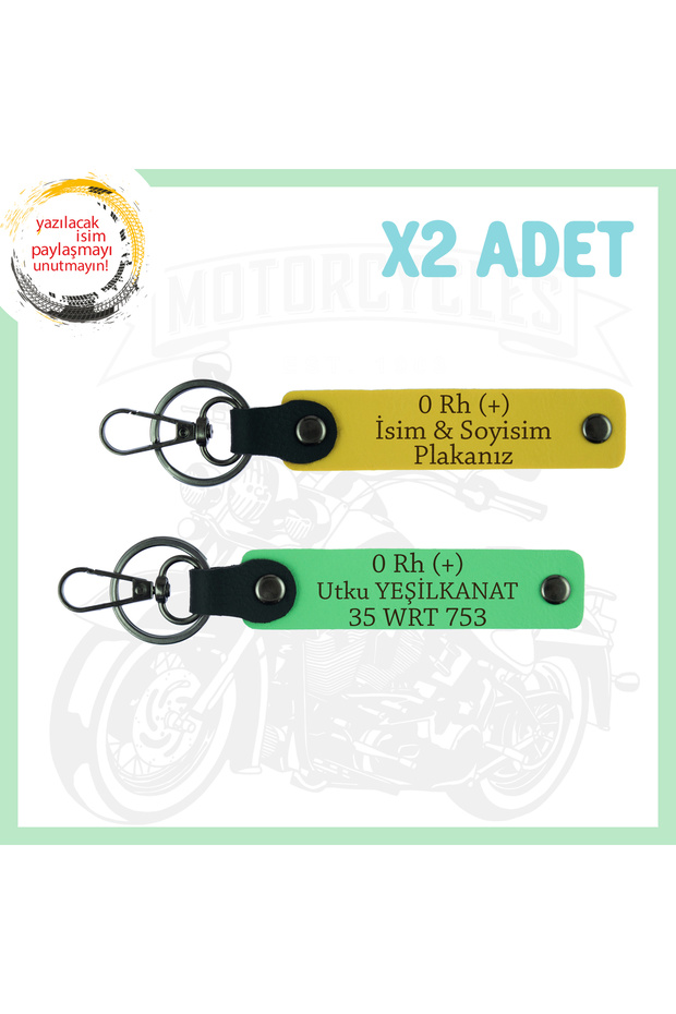 Yellow-Pistachio Green, Custom for Bikers, with Name Plate and 0 Rh (+) Blood Group Lettering, 2-Piece Keychain