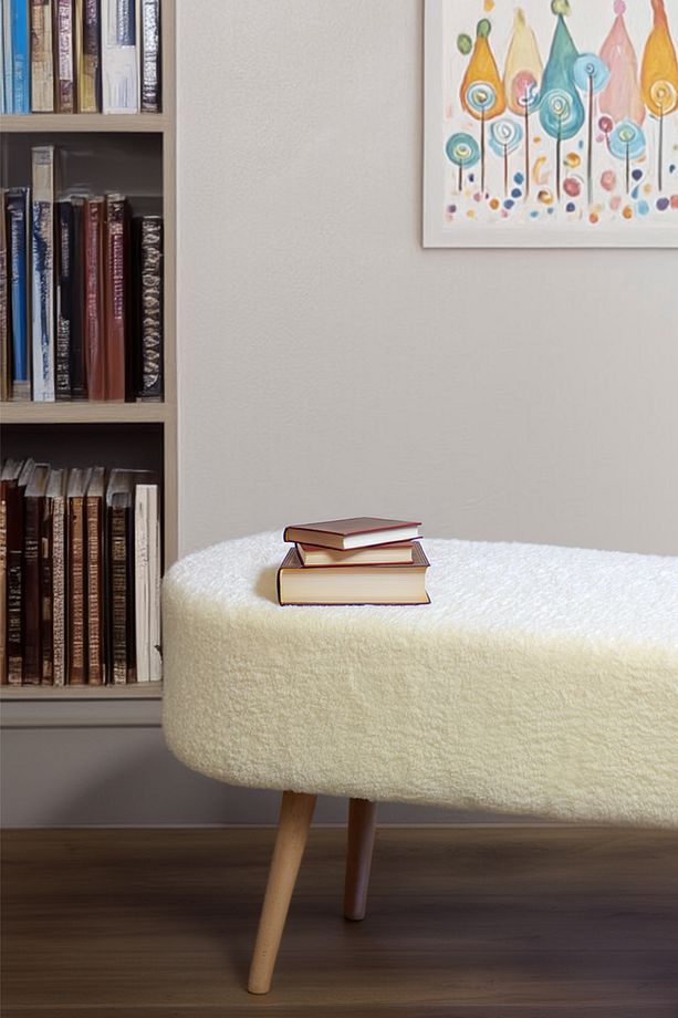 Retro Ahşap Ayaklı Geniş Oturum Alanlı Oval Bench Puf Beyaz Teddy - 2