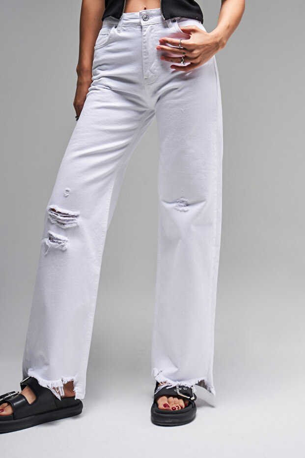Women's White Color Doris 13S5-2 Straight Fit High Waist 100% Cotton Ripped Detailed Denim Jean