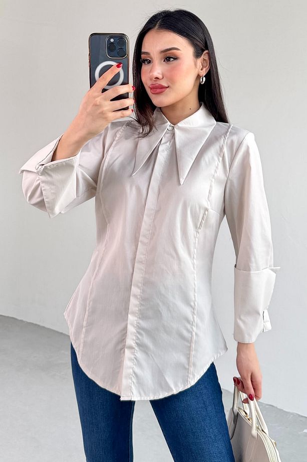 GML-13258 Taş Rengi Sivri Yaka Gizli Düğmeli Biyeli Gömlek - 5