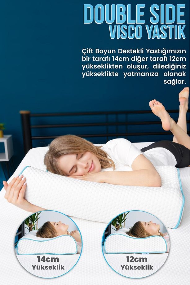 Yüksek Boyun Destekli Ortopedik Yastık Çift Boyun Destekli Visco Yastık - 60x40x14-12cm - 4