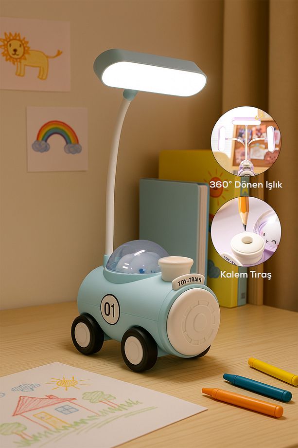 Sevimli Oyuncak Tren, 360 dönebilen Kalem Traş Özellikli LED Gece Lambası-Mavi - 1