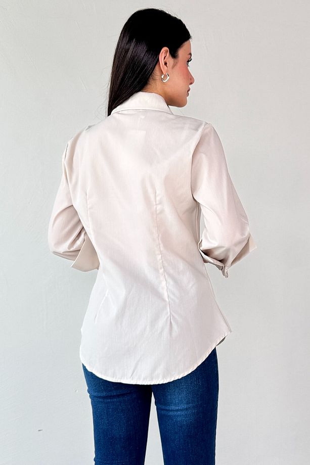 GML-13258 Taş Rengi Sivri Yaka Gizli Düğmeli Biyeli Gömlek - 6