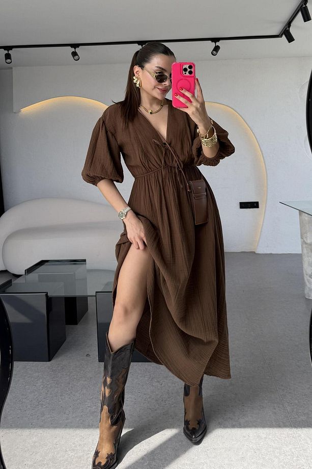 Leydia Acı Kahve Müslin Elbise - 2
