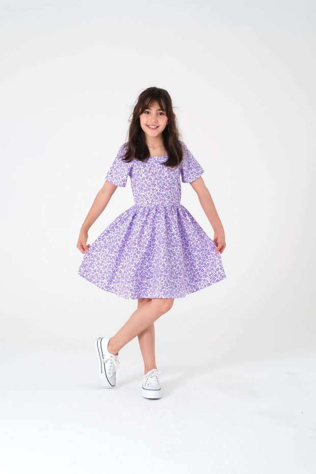 100% Cotton Woven Fabric Girl's Lilac Floral Dress / Chic and Elegant Design