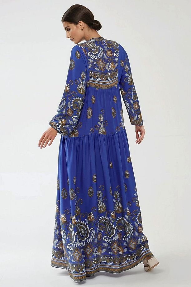 Baskılı Uzun Kol Viskon Maxi Elbise - 5