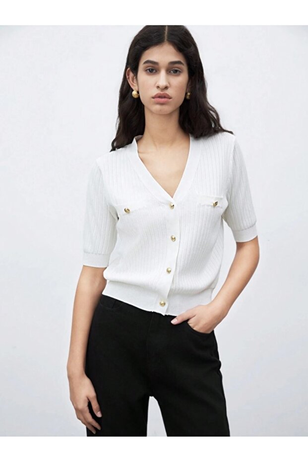 White Short Sleeve with Buttons Seasonal Knitted Cardigan, Jacket, Ball