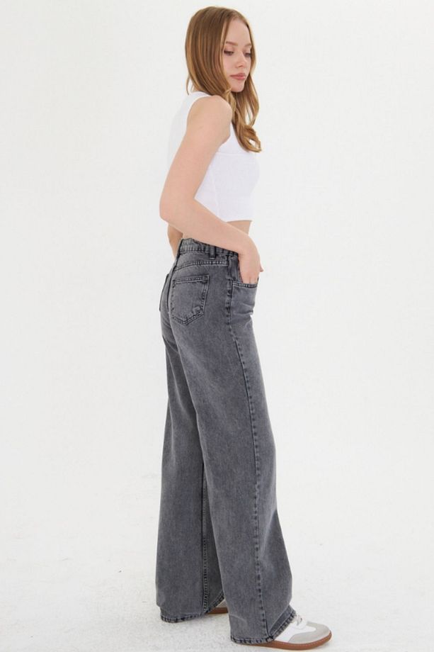 Kadın Açık Gri Boru Paça Yüksek Bel Regular Fit Pantolon - 3