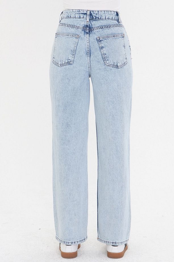 Kadın Buz Mavi Boru Paça Yüksek Bel Regular Fit Pantolon - 5