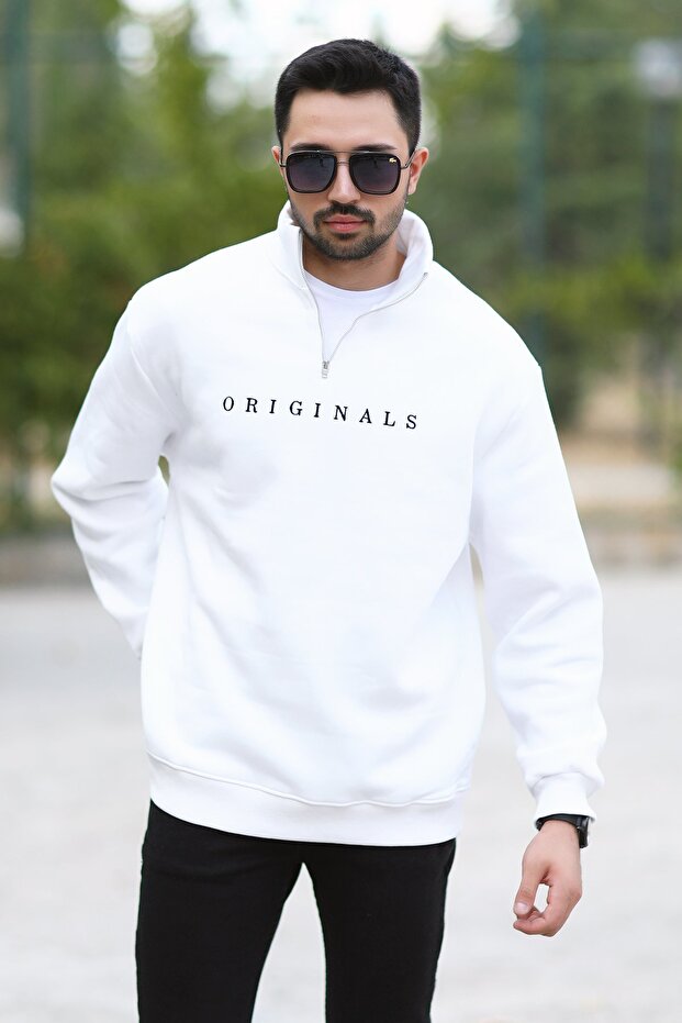 Men's Oversize Sweatshirt White Half Zipper Stand Collar Cotton Blend Ribbed - 10012