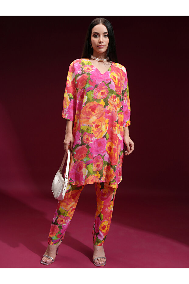 Floral Printed V Neck Tunic and Trousers Co-Ords