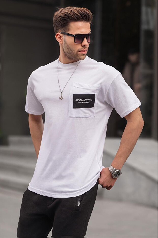 White Crew Neck Pocket Detailed T-Shirt 6091