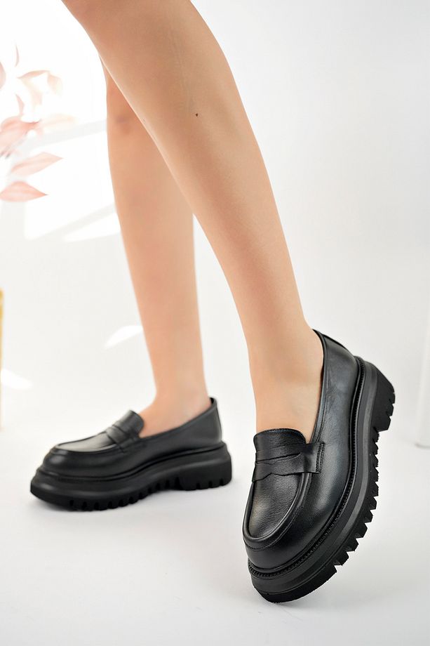 Siyah Hakiki Deri Kalın Tabanlı Kadın Loafer Ayakkabı Platform loafer Yüksek Taban Mokasen Ayakkabı - 4