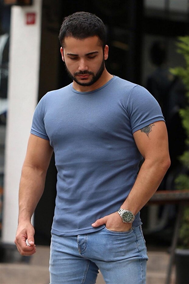 Bisiklet Yaka Indigo Basic Tişört 4077 - 1