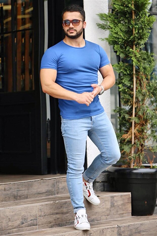 Bisiklet Yaka Saks Basic Tişört 4077 - 2