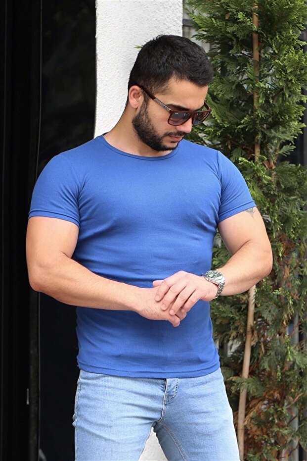 Bisiklet Yaka Saks Basic Tişört 4077 - 3