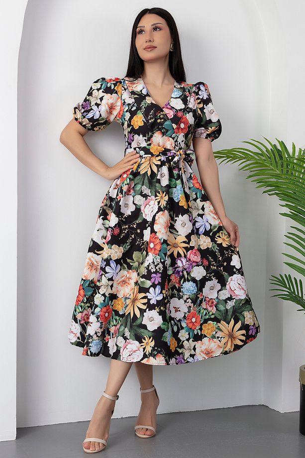 Bebe Yaka Kemerli Çiçekli Poplin Elbise GRS3467 - 5