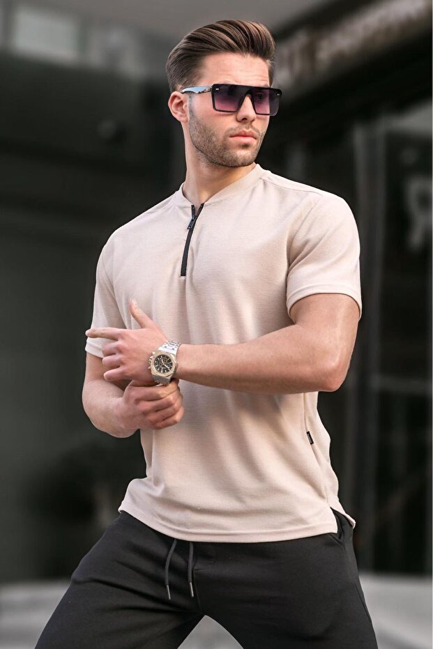 Beige Zipper Collar Men's T-Shirt 6086