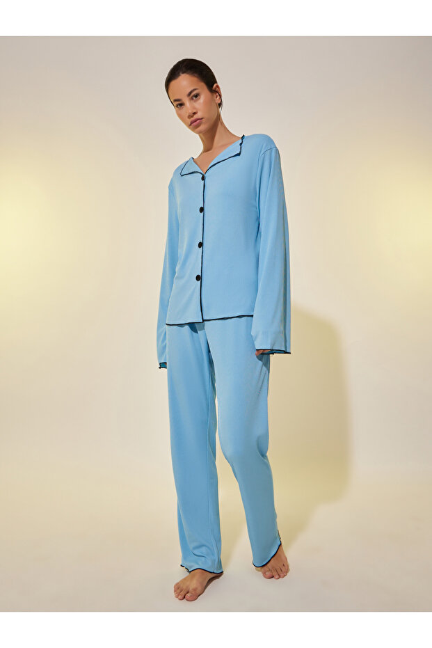 Ribbed Contrast Trim Long Sleeve Shirt and Pyjama Set