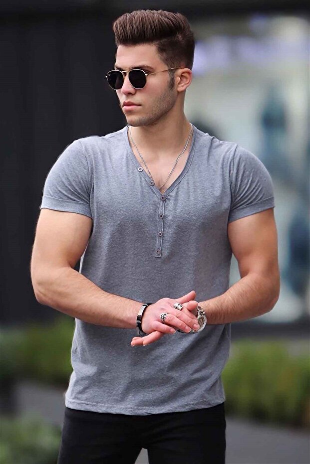 Düğmeli Gri Basic Tişört 4052 - 1