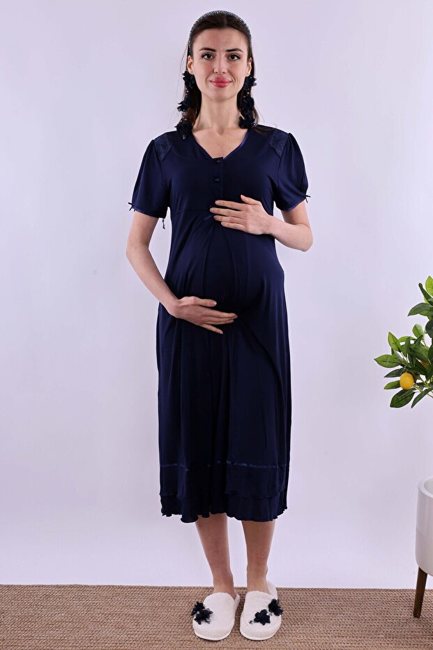 Cotton Maternity Nightgown with Breastfeeding Feature Effortt - Navy Blue