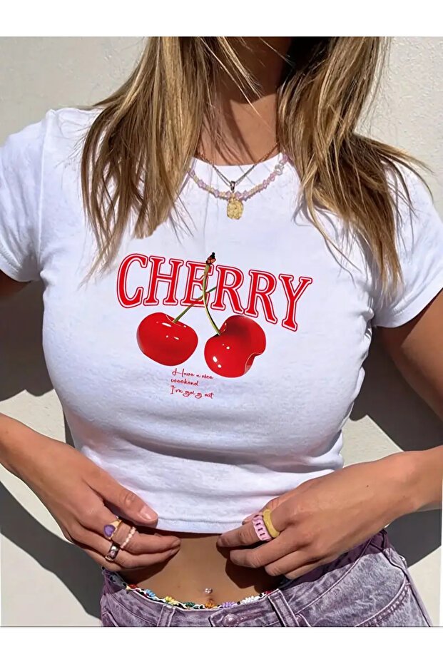 Women's White Cheery Lycra Organic Cotton Crew Neck Stylish Crop