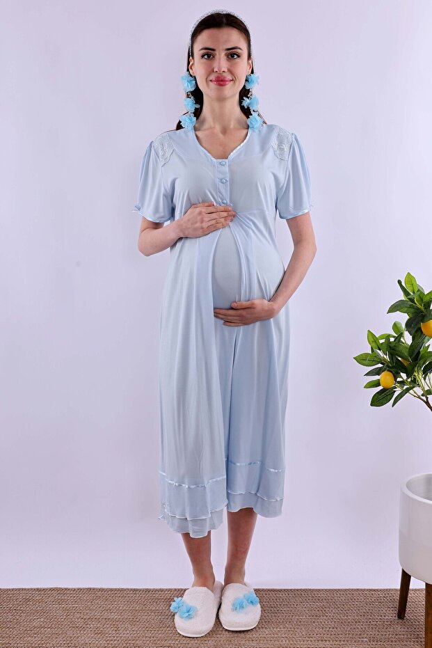 Cotton Maternity Nightgown with Breastfeeding Feature Effortt - Blue
