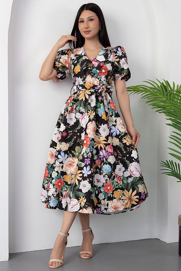 Bebe Yaka Kemerli Çiçekli Poplin Elbise GRS3467 - 4
