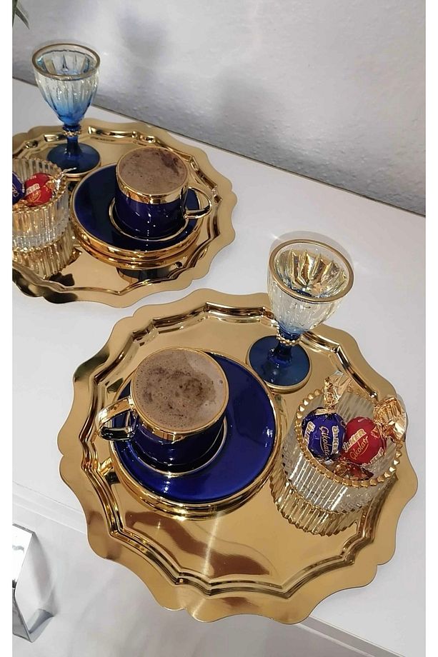 ÇELİK GOLD RENK 2 ADET YUVARLAK DALGALI MODEL SUNUM TEPSİSİ SERVİS - 1