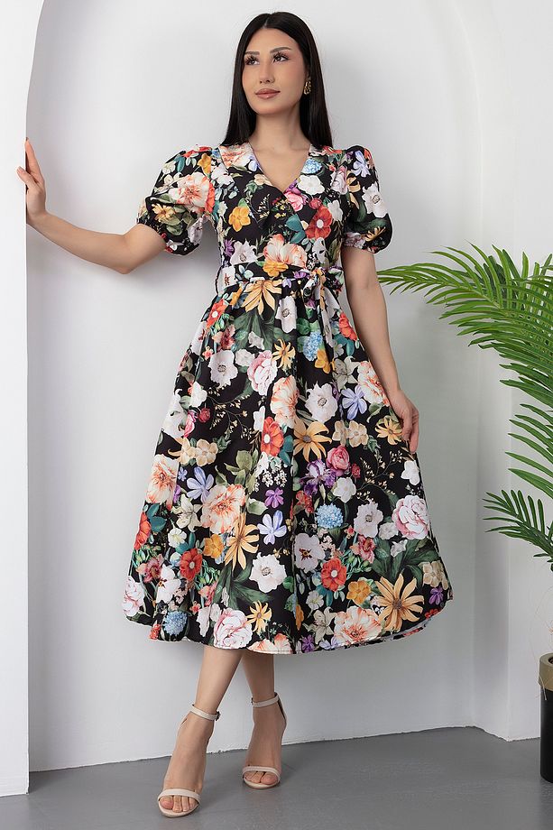 Bebe Yaka Kemerli Çiçekli Poplin Elbise GRS3467 - 3