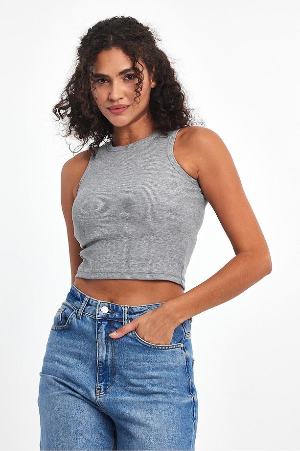 Kadın Gri Fitilli Görünümlü Askılı Kalın Esnek Örme Basic Crop Atlet - 6