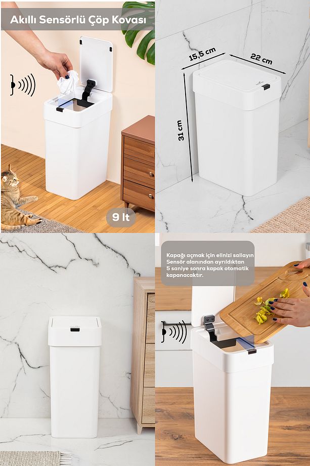 Hareket Sensörlü Sessiz Kapatma Çöp Kutusu Banyo Mutfak Çöp Kovası Kapaklı Banyo Çöp Kovası 9 Lt. - 1