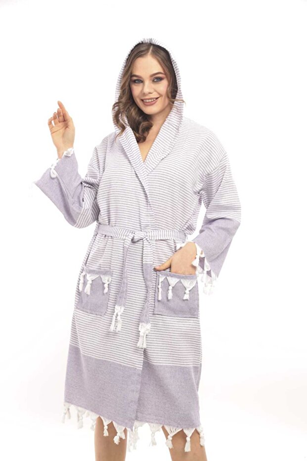 Sultan 100% Cotton Green Colored Hooded Peshtamal Bathrobe, Dressing Gown and Beach Dress