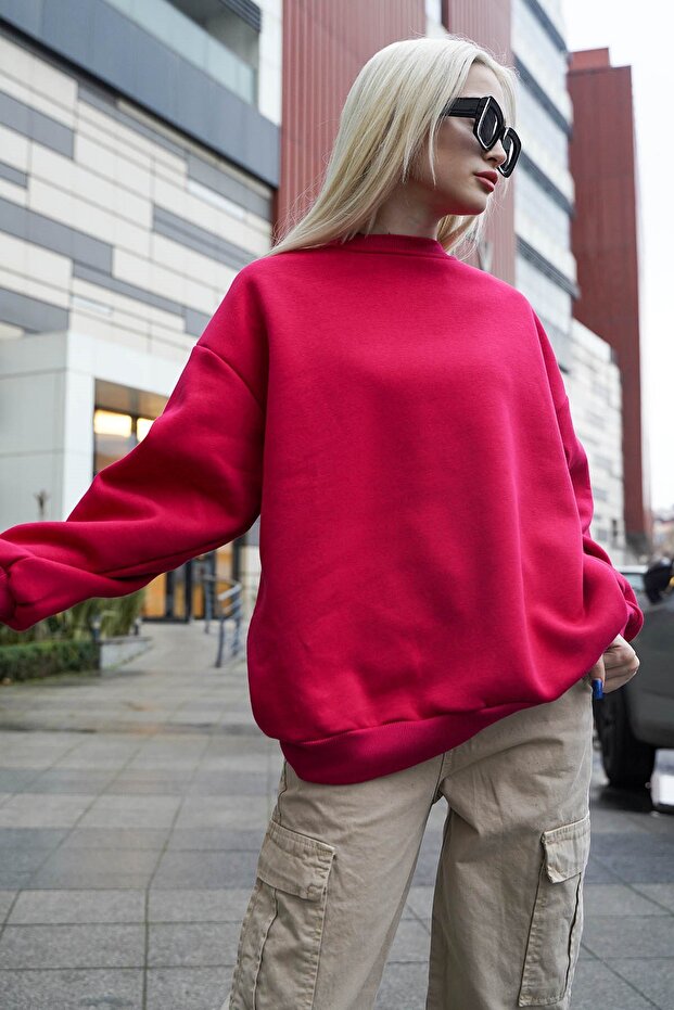 Fuşya Bisiklet Yaka Basic Sweatshirt MG1559 - 5