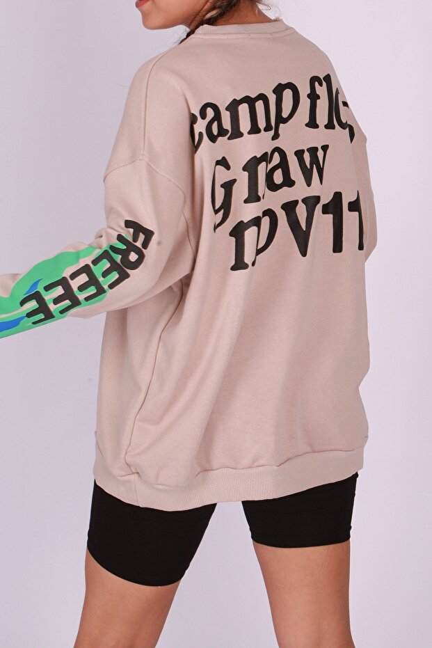 Mad Girls Beige Printed Oversize Sweatshirt Mg1206