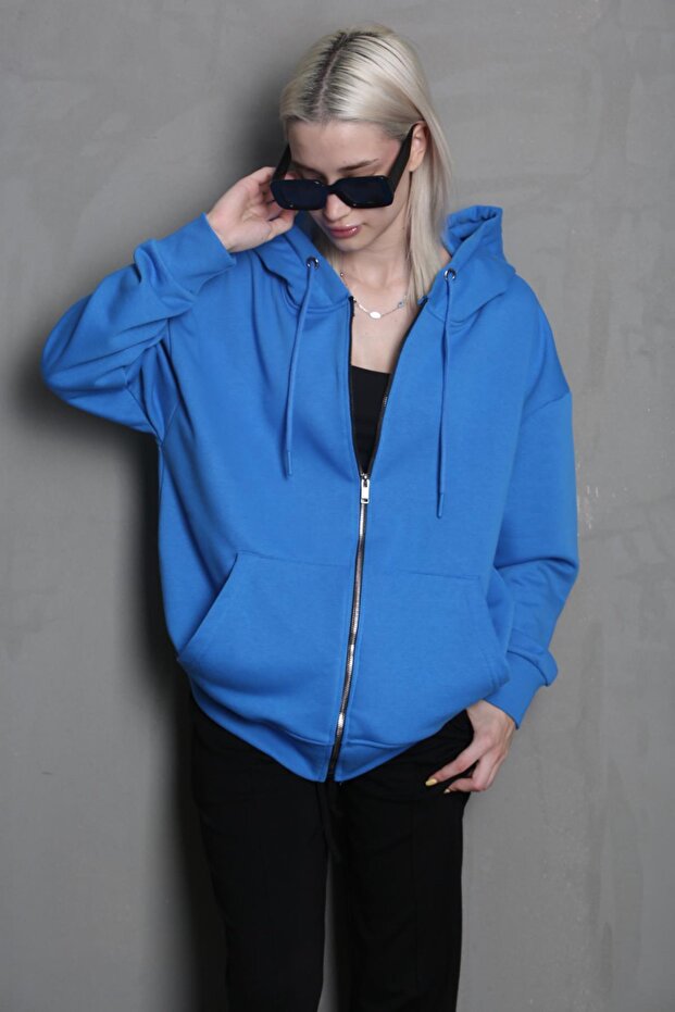 Mavi Kapüşonlu Basic Sweatshirt MG1900 - 4