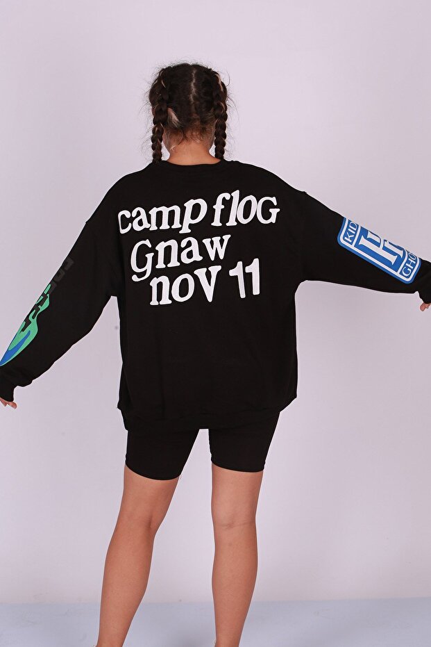سويت شيرت أسود كبير الحجم مطبوع من Mad Girls Mg1206
