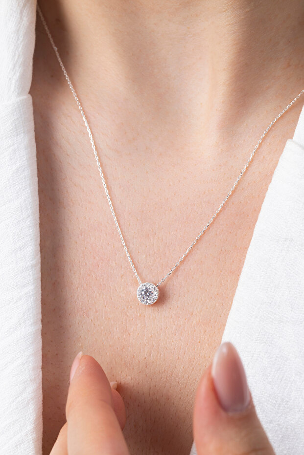 Tek Taşlı  925 Ayar Gümüş Kolye - 1