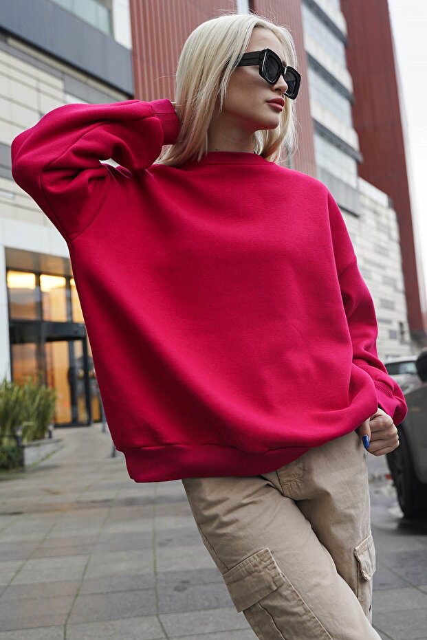 Fuşya Bisiklet Yaka Basic Sweatshirt MG1559 - 7