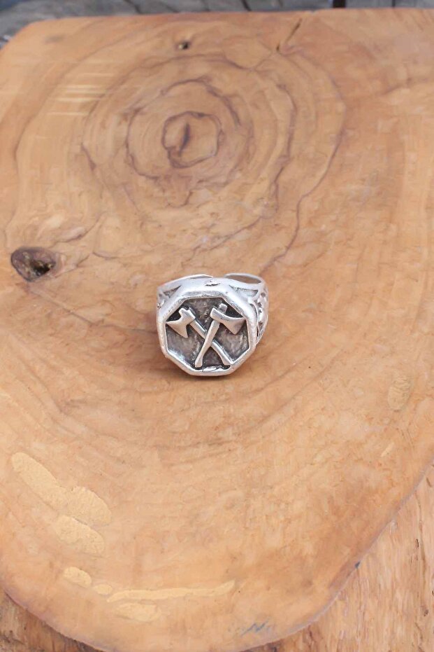 الفأس منقوشة فضية اللون خواتم رجالي قابل للتعديل - 1