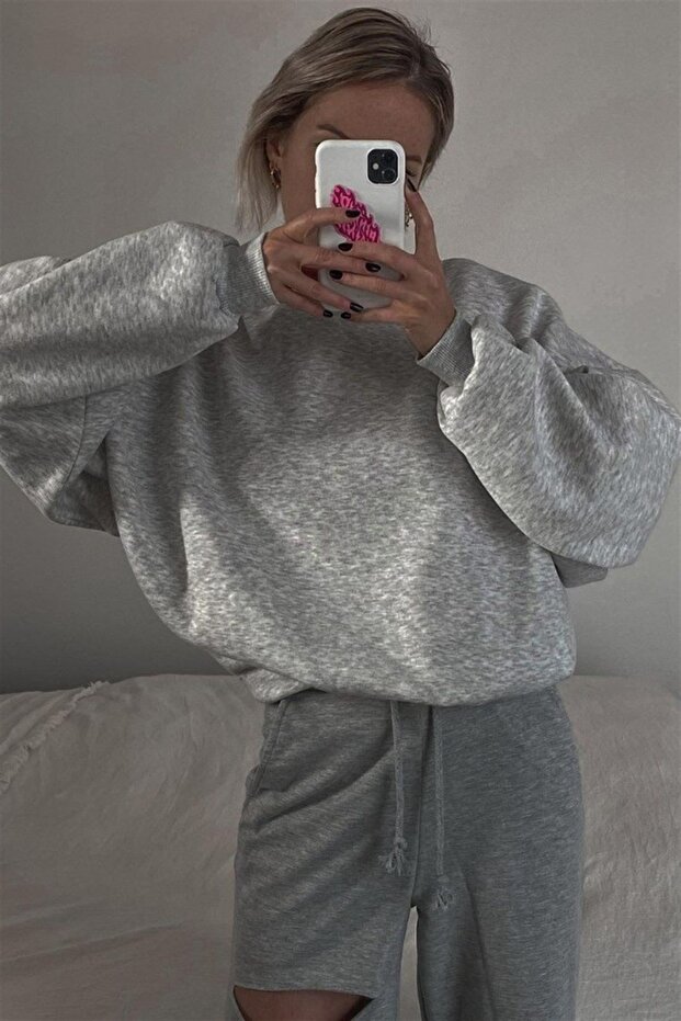 Gri Bisiklet Yaka Basic Sweatshirt MG1559 - 6